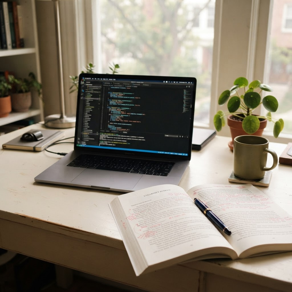 Workspace with a laptop showing code beside an edited manuscript and fountain pen