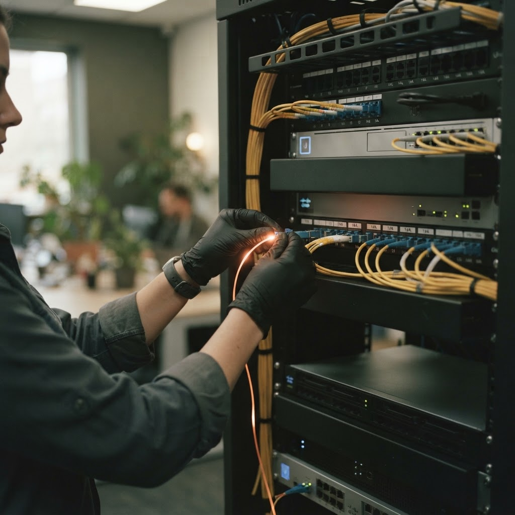 Technician connecting fibre optic cables in an office server rack