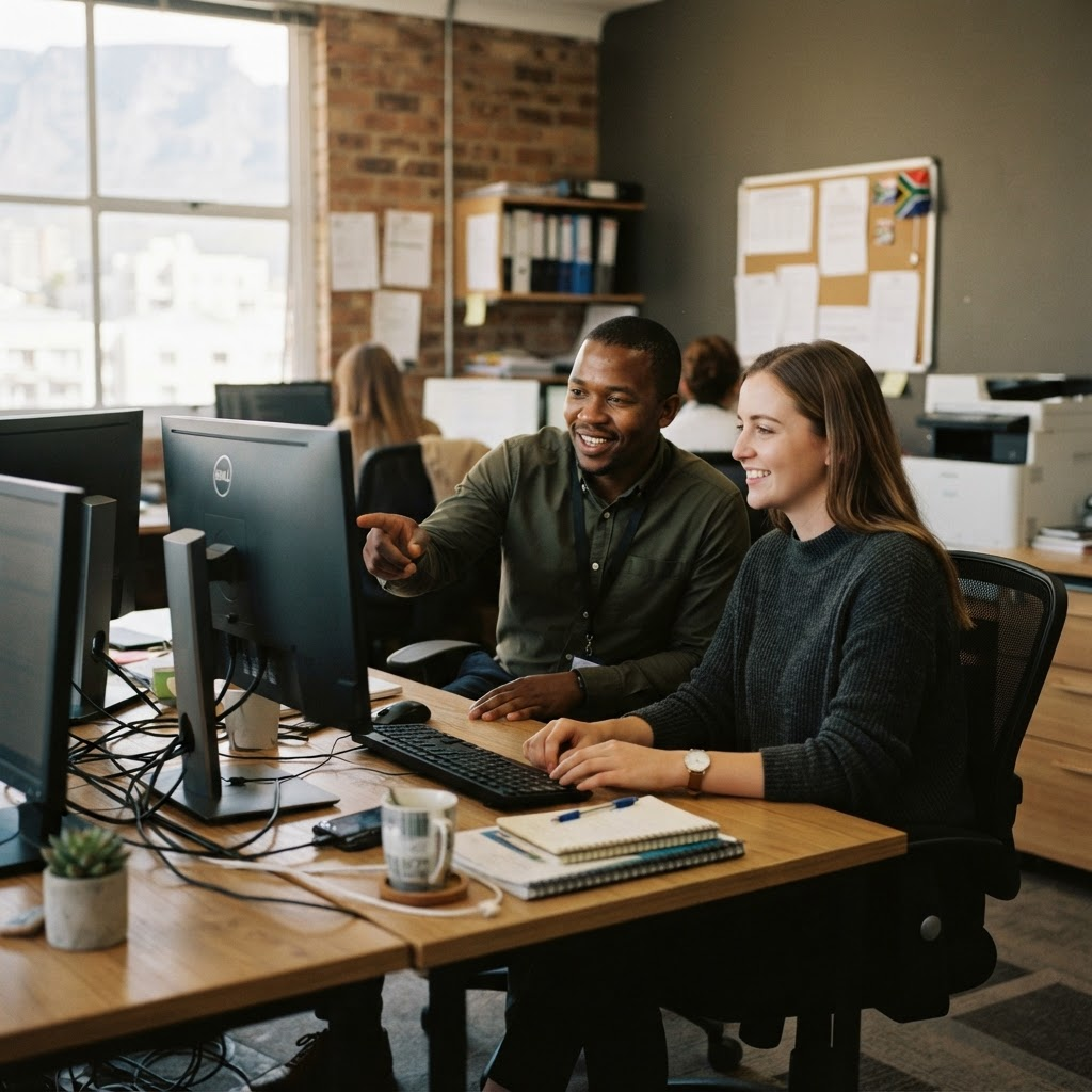 IT support specialist helping a colleague at a desktop computer